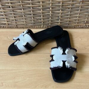Hermes Oran Sandals Prunoir Frayed Canvas